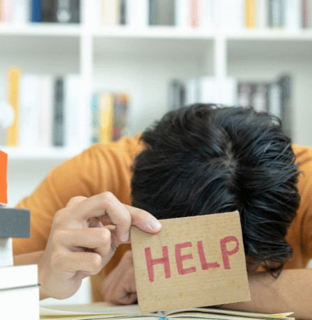 Pessoa com a cabeça apoiada sobre a mesa segura cartão com a palavra “HELP”, cercada por pilhas de livros em ambiente de estudo.
