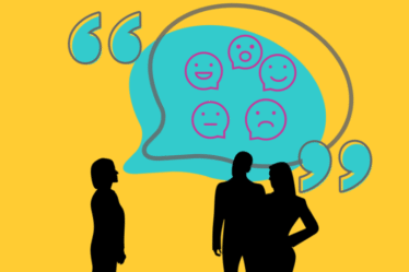 Ilustração com silhuetas de pessoas e balão de conversa contendo ícones de emoções que representam opiniões e feedback de usuários.