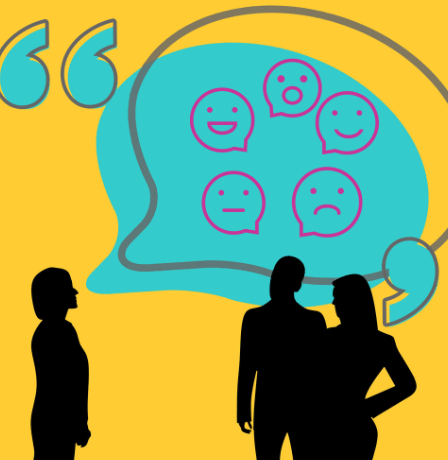 Ilustração com silhuetas de pessoas e balão de conversa contendo ícones de emoções que representam opiniões e feedback de usuários.