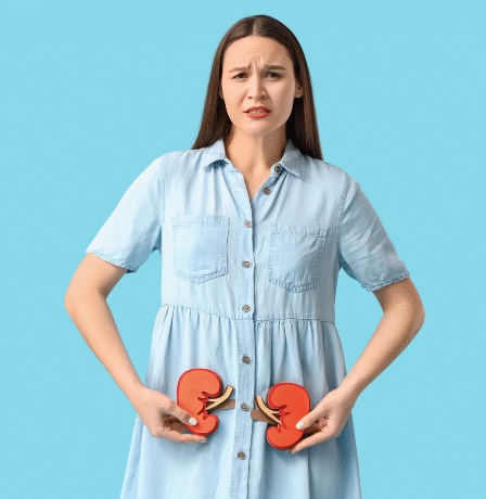 Mulher com expressão preocupada segura ilustrações de rins na região abdominal, sobre fundo azul, representando dor ou problema renal.