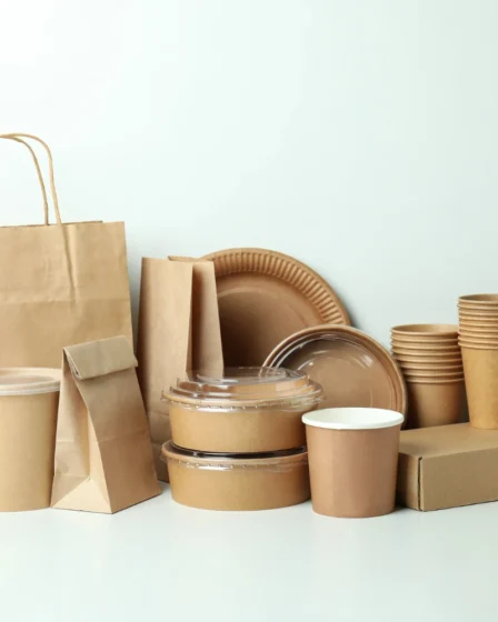 Diversos embalagens alimentícias de papel e plástico, incluindo copos, caixas e sacolas, representando o mercado que abastece restaurantes.