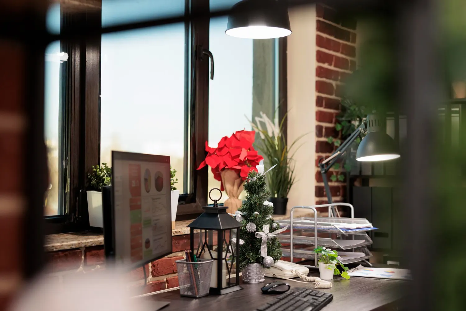Decoração industrial em espaços pequenos: É Possível aplicar o estilo: Decoração industrial com elementos metálicos, plantas e iluminação pendente em um pequeno espaço com parede de tijolos à vista e mesa de trabalho organizada