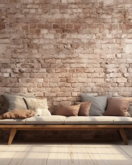 Paredes de tijolo aparente e cimento queimado: Como usar na decoração: Sala decorada com paredes de tijolo aparente e cimento queimado, com sofá de madeira e almofadas neutras, plantas em vasos e luz natural pela janela, criando um ambiente aconchegante.