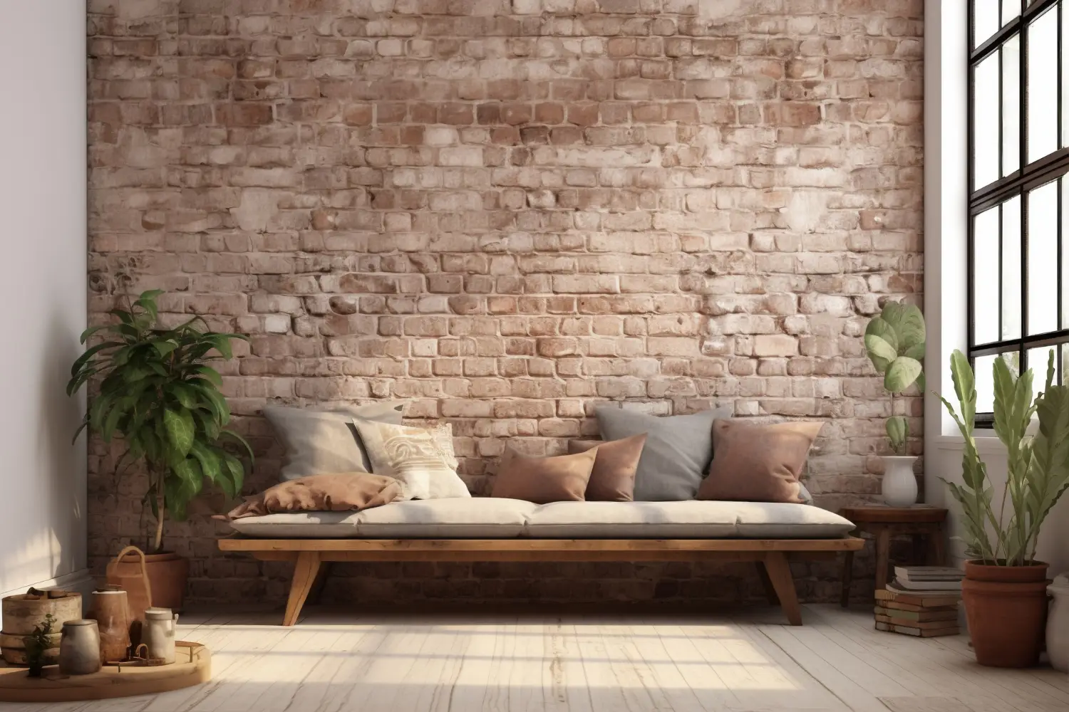 Paredes de tijolo aparente e cimento queimado: Como usar na decoração: Sala decorada com paredes de tijolo aparente e cimento queimado, com sofá de madeira e almofadas neutras, plantas em vasos e luz natural pela janela, criando um ambiente aconchegante.