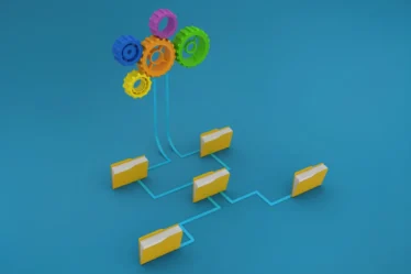 Dados estruturados (Schema Markup): checklist técnico para sites que querem ser compreendidos por buscadores e IAs: Ilustração 3D com pastas amarelas conectadas por linhas em um layout de rede, com elementos circulares coloridos no topo, sugerindo organização e estrutura de dados em um ambiente azul