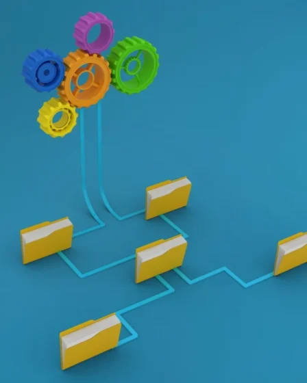 Dados estruturados (Schema Markup): checklist técnico para sites que querem ser compreendidos por buscadores e IAs: Ilustração 3D com pastas amarelas conectadas por linhas em um layout de rede, com elementos circulares coloridos no topo, sugerindo organização e estrutura de dados em um ambiente azul