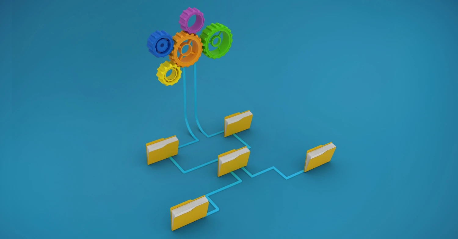 Dados estruturados (Schema Markup): checklist técnico para sites que querem ser compreendidos por buscadores e IAs: Ilustração 3D com pastas amarelas conectadas por linhas em um layout de rede, com elementos circulares coloridos no topo, sugerindo organização e estrutura de dados em um ambiente azul