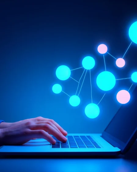 Imagem com mão digitando em um notebook em ambiente escuro com nós e conexões em estilo de rede digital ao fundo, simbolizando estratégia de Digital PR como Alternativa ao Link Building Tradicional: Como Conseguir Menções de Qualidade Em Vez de Links em Massa para gerar menções e visibilidade online.