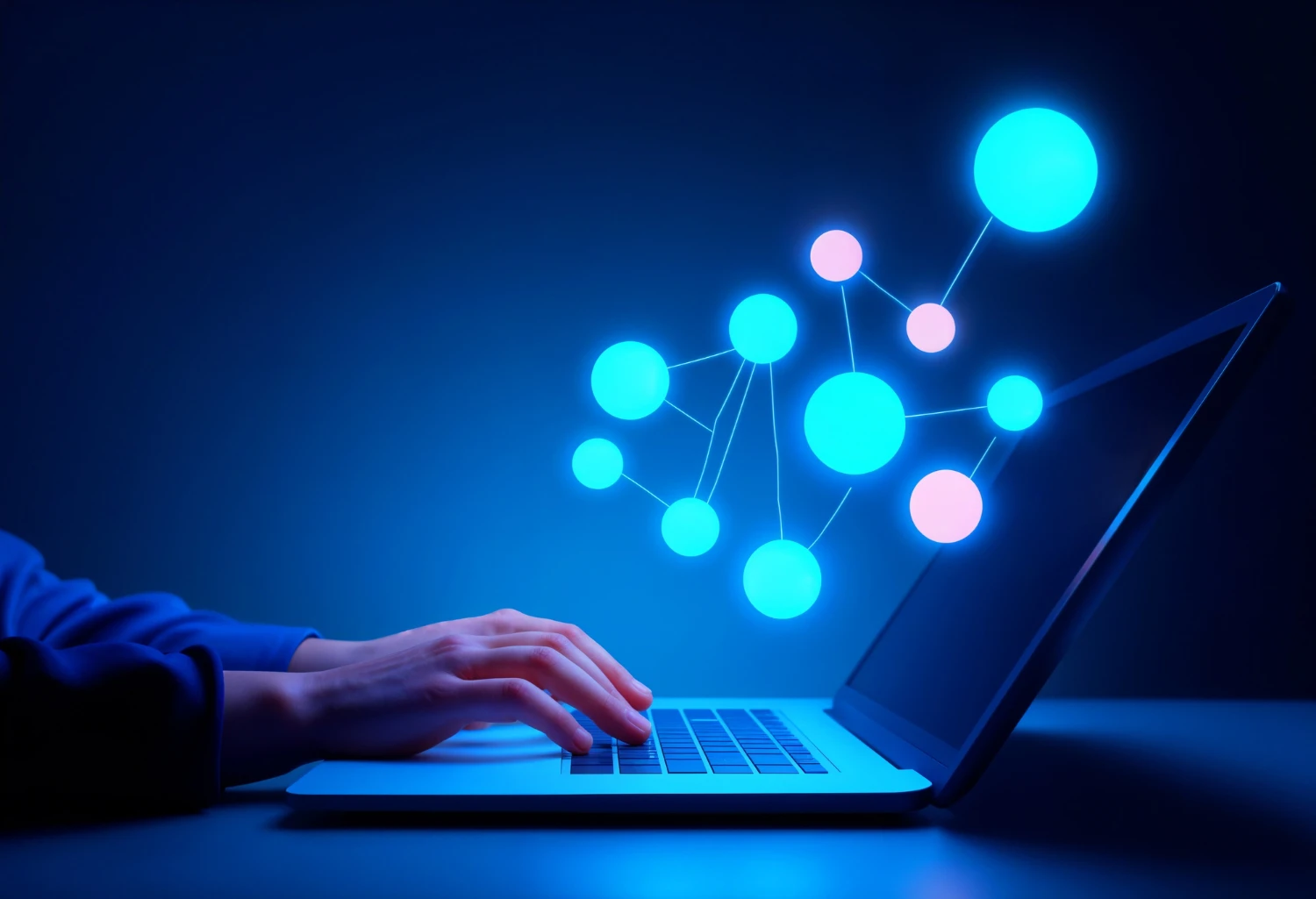 Imagem com mão digitando em um notebook em ambiente escuro com nós e conexões em estilo de rede digital ao fundo, simbolizando estratégia de Digital PR como Alternativa ao Link Building Tradicional: Como Conseguir Menções de Qualidade Em Vez de Links em Massa para gerar menções e visibilidade online.