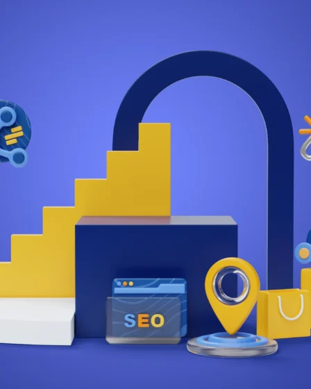 Ilustração em estilo 3D com ícones de SEO, calculadora, mapa e um site com resultados, sugerindo estratégia de Product-Led SEO: como transformar uma calculadora ou ferramenta gratuita em ativo de aquisição orgânica