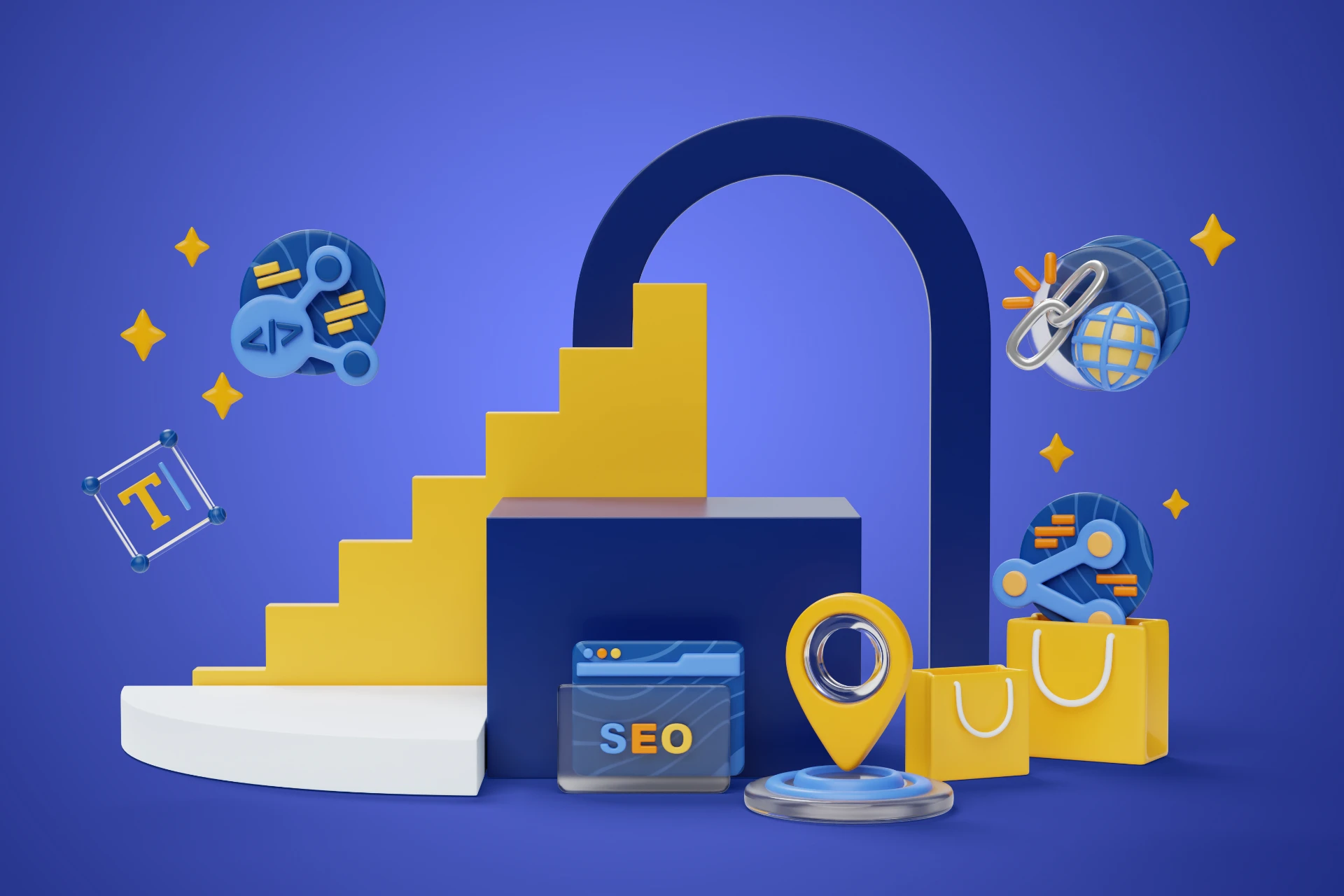 Ilustração em estilo 3D com ícones de SEO, calculadora, mapa e um site com resultados, sugerindo estratégia de Product-Led SEO: como transformar uma calculadora ou ferramenta gratuita em ativo de aquisição orgânica